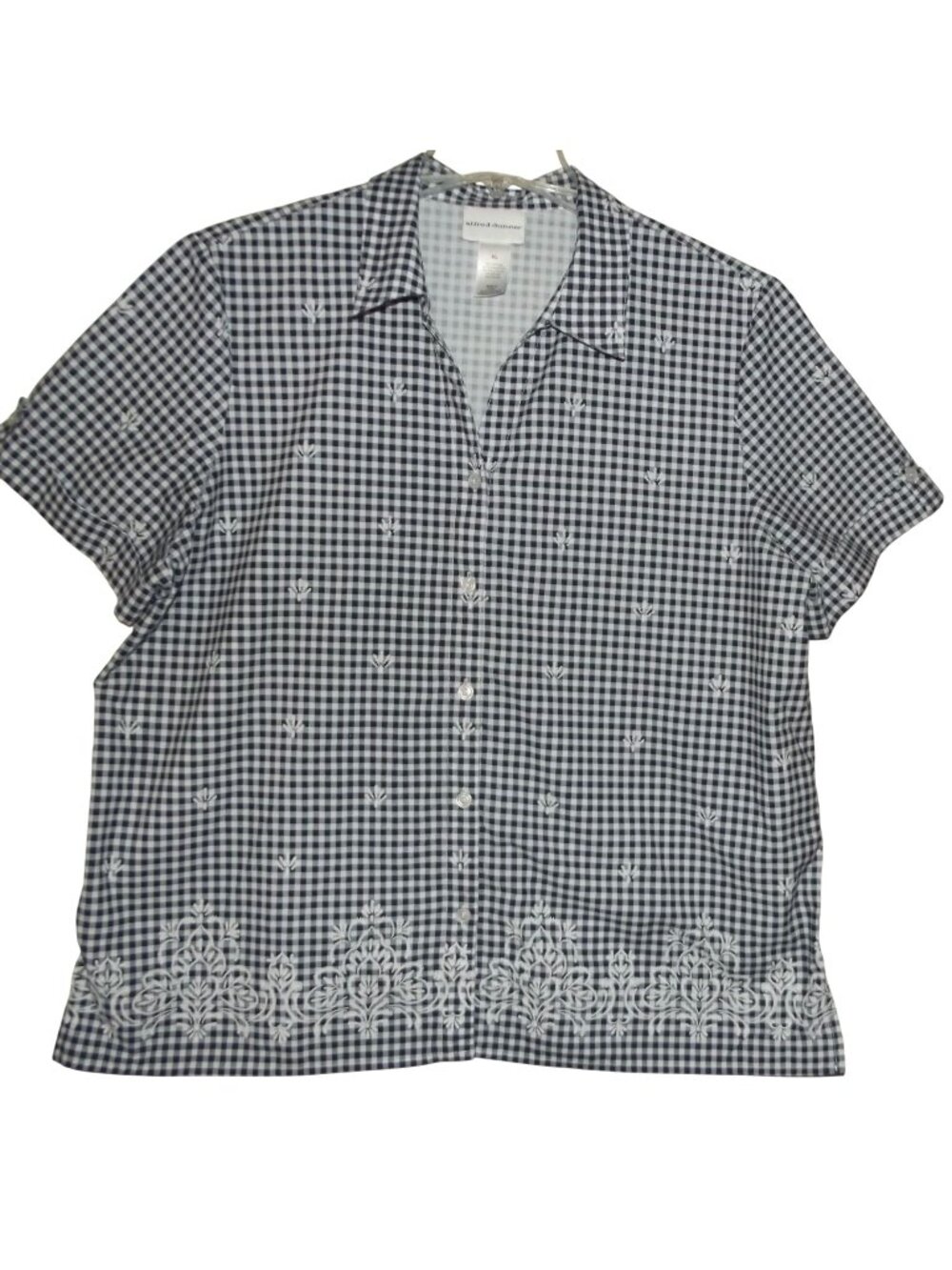 Alfred Dunner Button Shirt Womens Size XL Black White Check Embroidered blouse